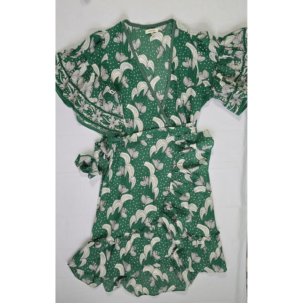 MaxStudio Green Floral Polka Dot Ruffle Wrap Dress Flutter Sleeve 8912C60 Medium - Picture 2 of 16